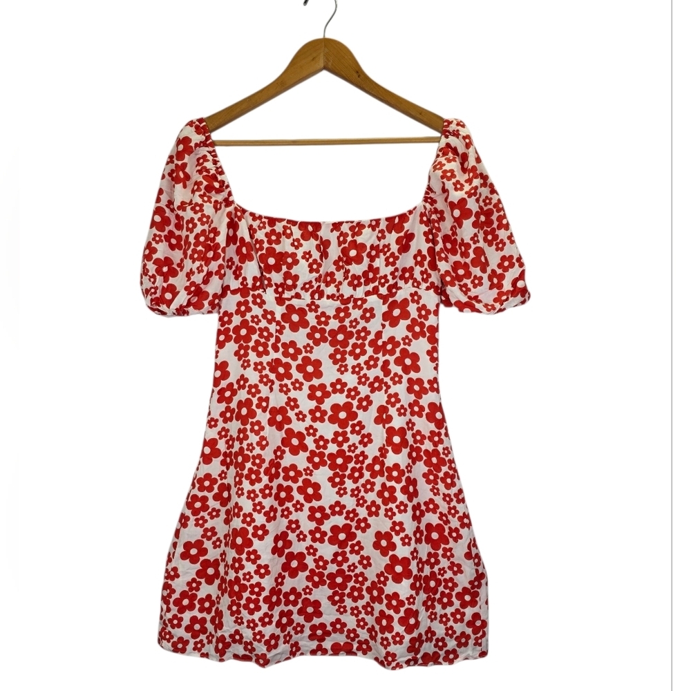 Nwt Glamorous Women's Red Mini Dresses Tie Puff Sleeve Floral Mini Dress Size 12